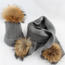 Hot selling winter hat with pom poms pure color wool knitted women winter hat and scarf set